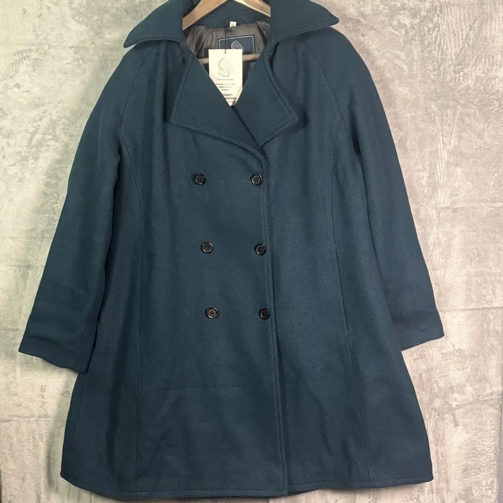 NWT New The Wool Maker Dark Teal Heavy Wool Blend Woman Jacket Pea Coat Size 2XL